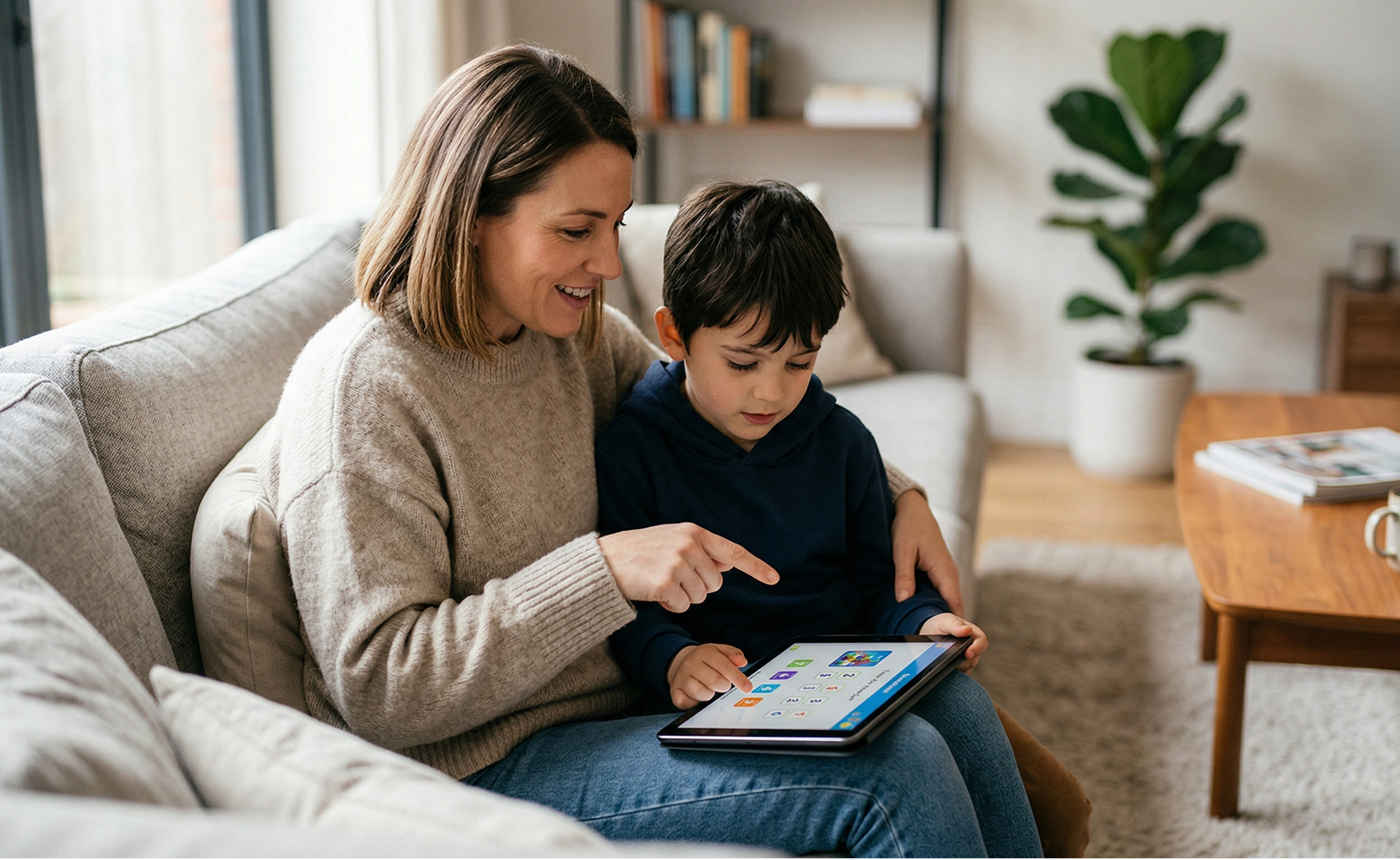 Une mère accompagne son enfant devant une tablette